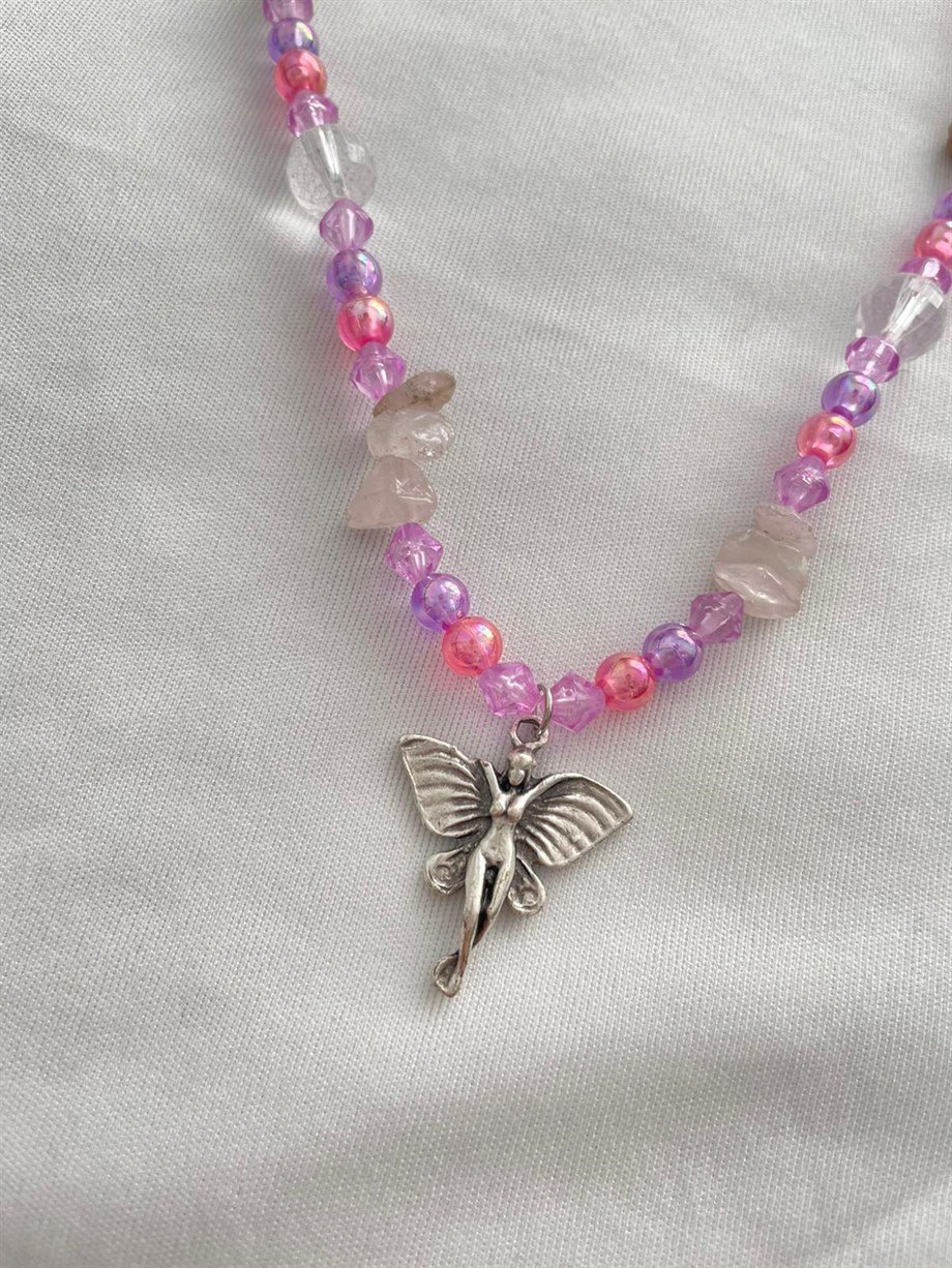Fairy Charmlı Pink Doğal Taş Grunge Kolye I Handmade