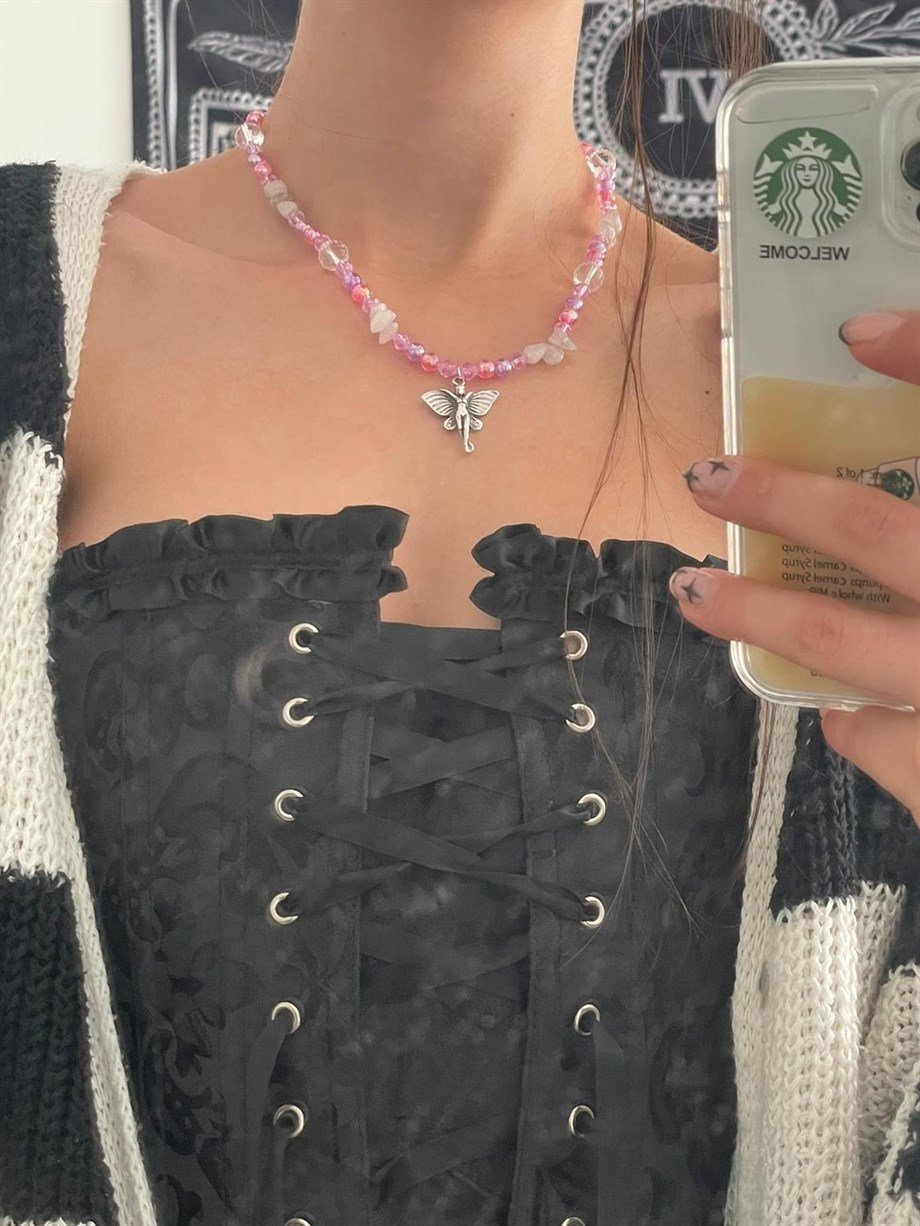 Fairy Charmlı Pink Doğal Taş Grunge Kolye I Handmade