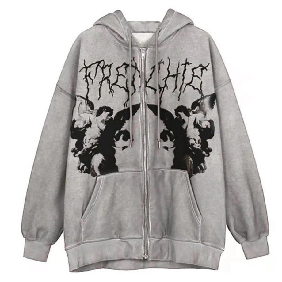 Frenchie Angel Gri (Unisex) Fermuarlı Kapşonlu Sweatshirt