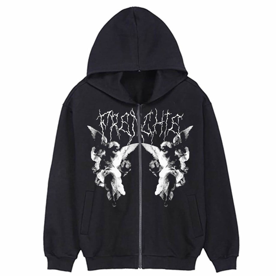 Frenchie Angel Siyah Kalın Pamuklu (Unisex) Fermuarlı Kapşonlu