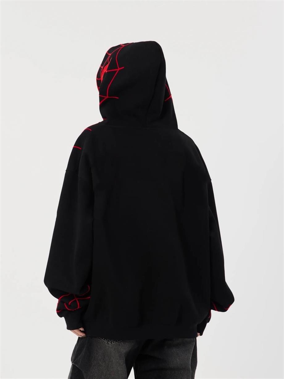 Full Zip Spider Web Oversize Kapüşonlu Hırka