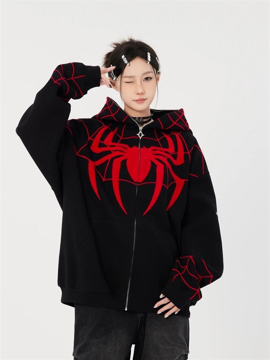 Full Zip Spider Web Oversize Kapüşonlu Hırka