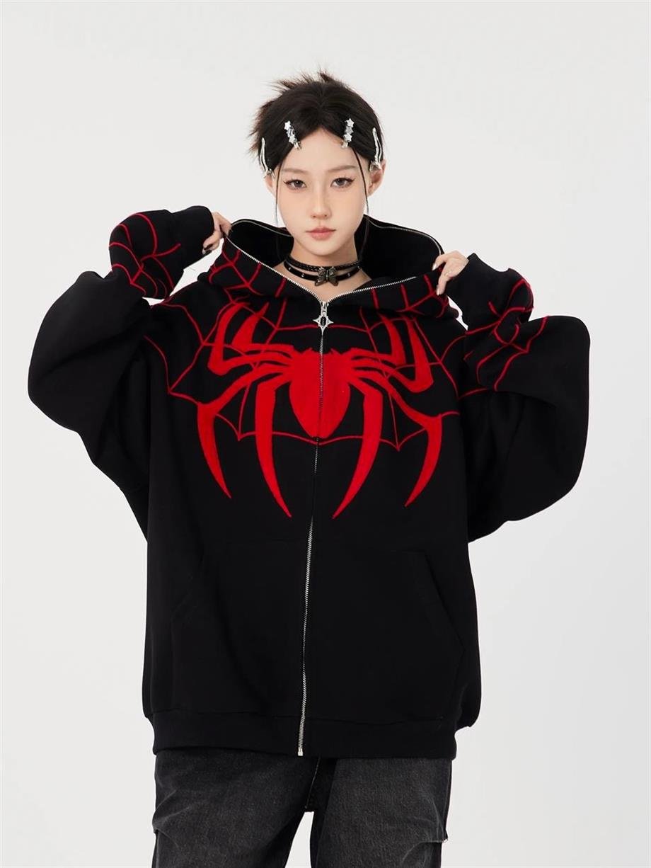 Full Zip Spider Web Oversize Kapüşonlu Hırka