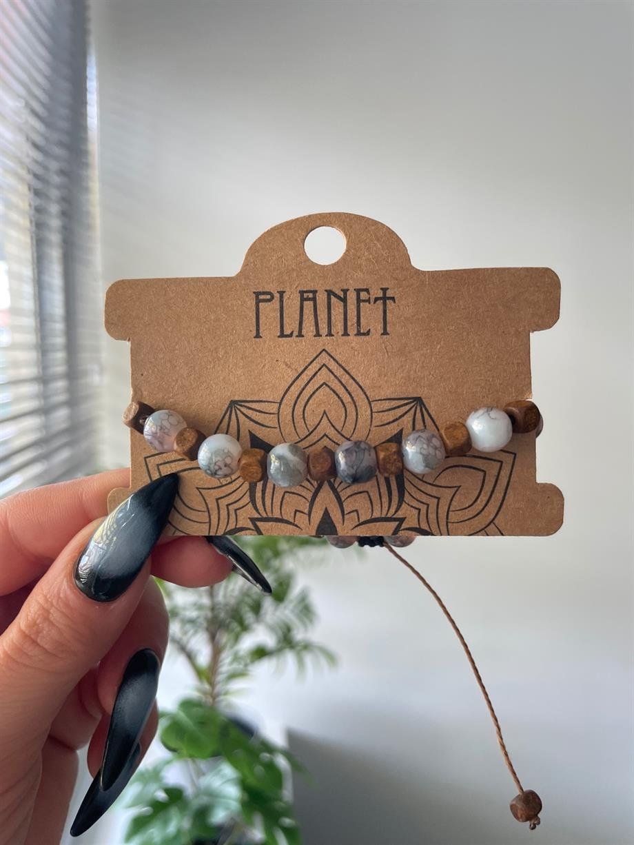 Füme Beyaz Taşlı Unisex Otantik Bileklik