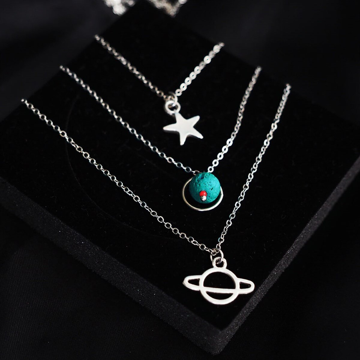 Galaxy Dizilimli 3'lü Zincir Kolye Mavi Taş