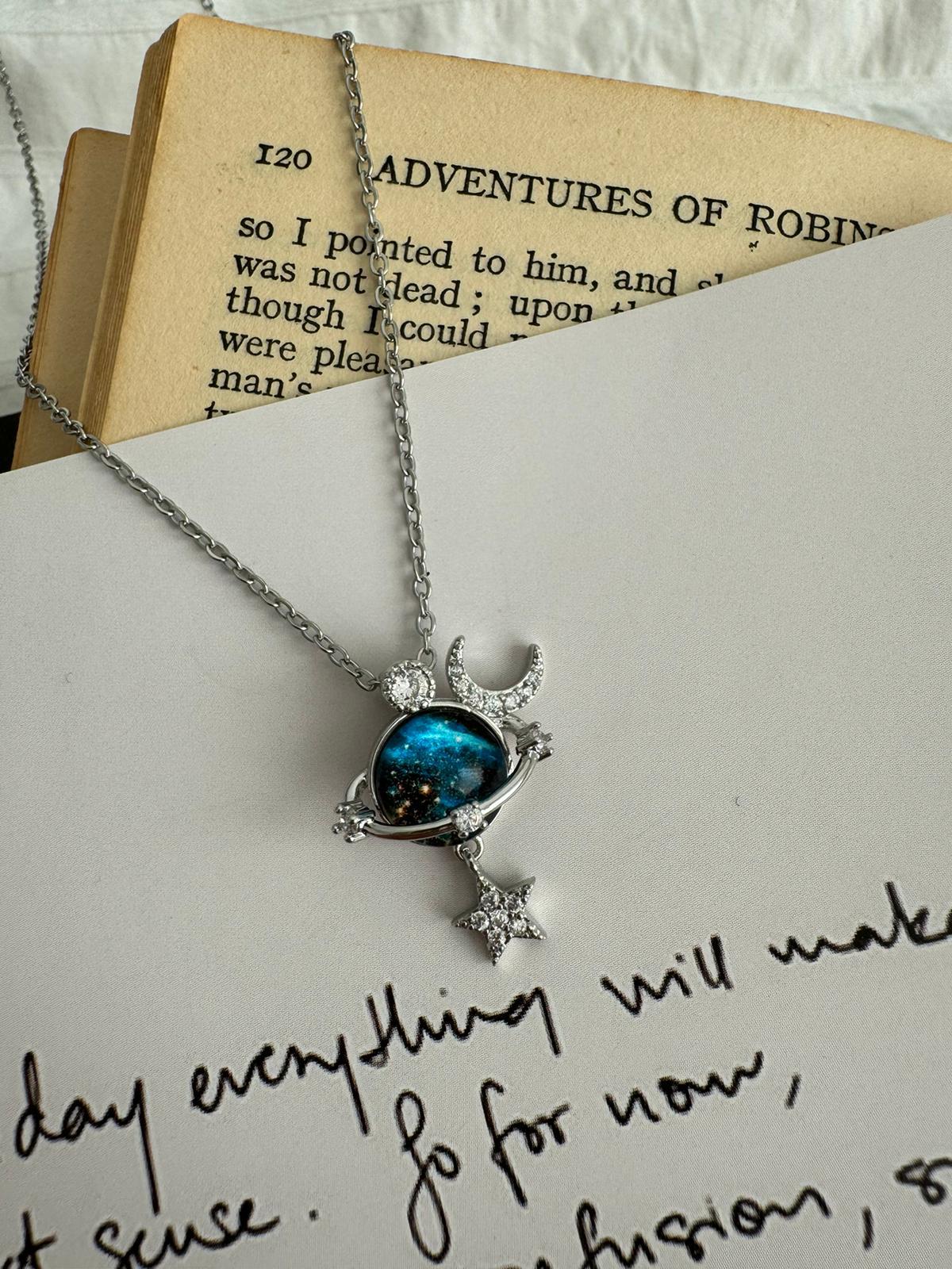 Gezegen Ay Yıldız Taşlı  Zincir Çelik Kolye