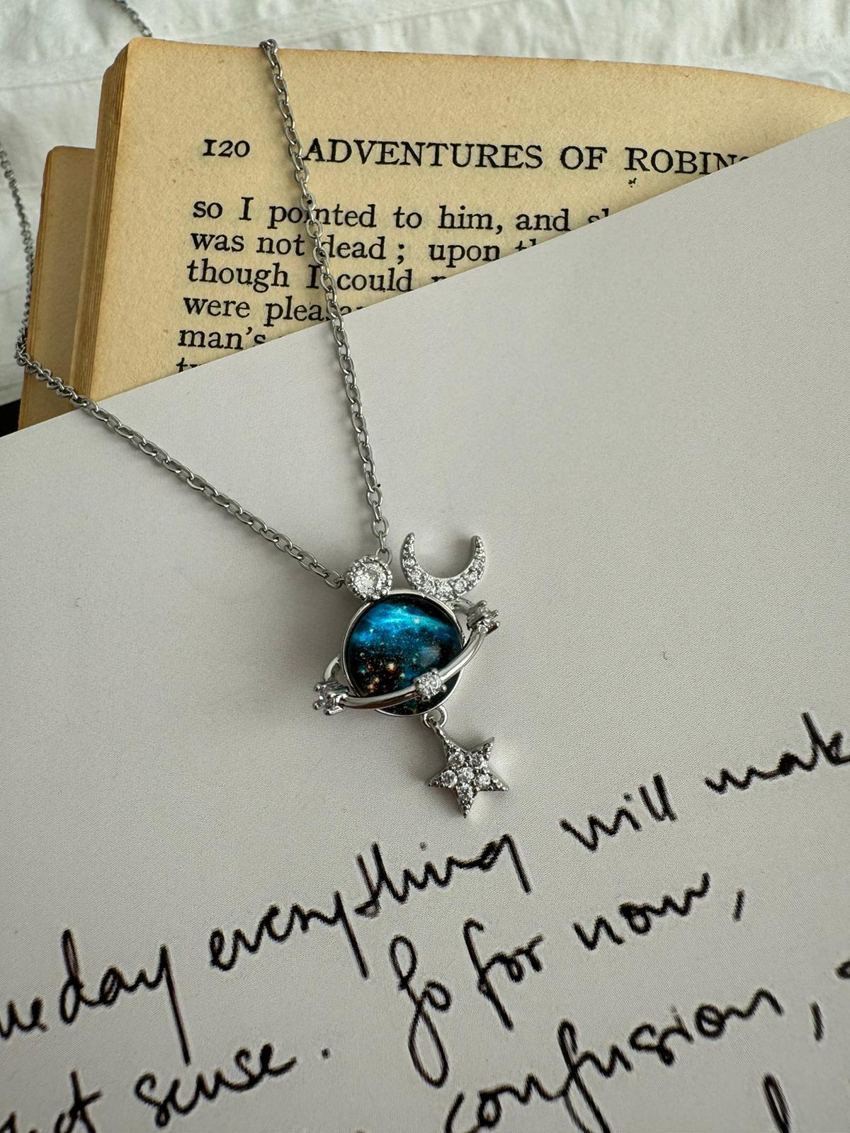 Gezegen Ay Yıldız Taşlı  Zincir Çelik Kolye