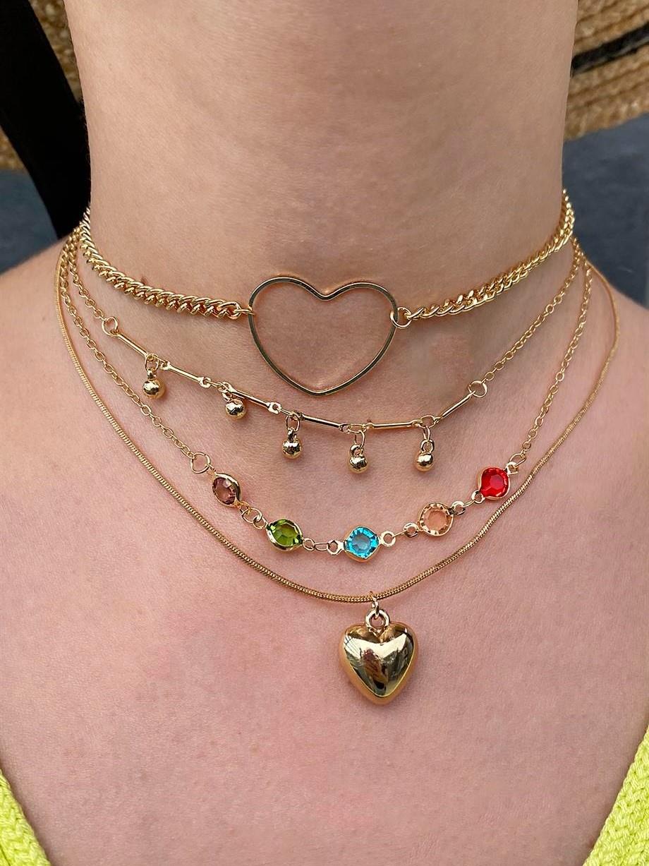 Gold 4lü Kalp Detay Choker Set