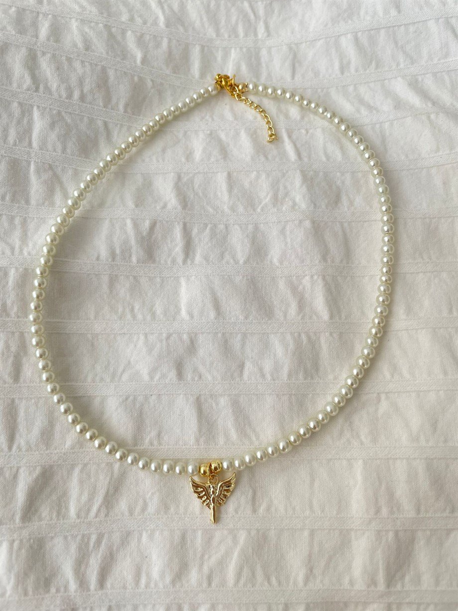 Gold Peri Detaylı Minimal İnci Kolye