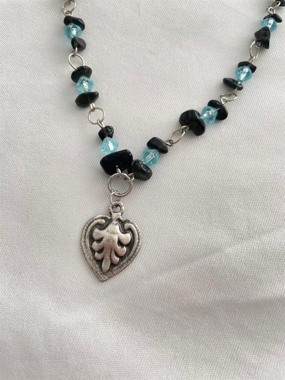 Goth Heart Charmlı Doğal Taş Grunge Kolye I Handmade