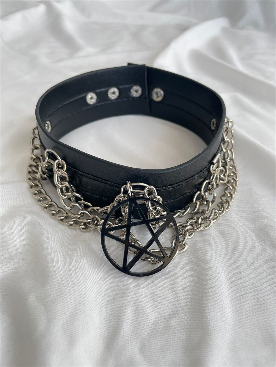Gothic Pentagram Detaylı Choker Kolye