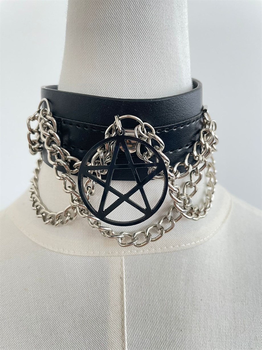 Gothic Pentagram Detaylı Choker Kolye
