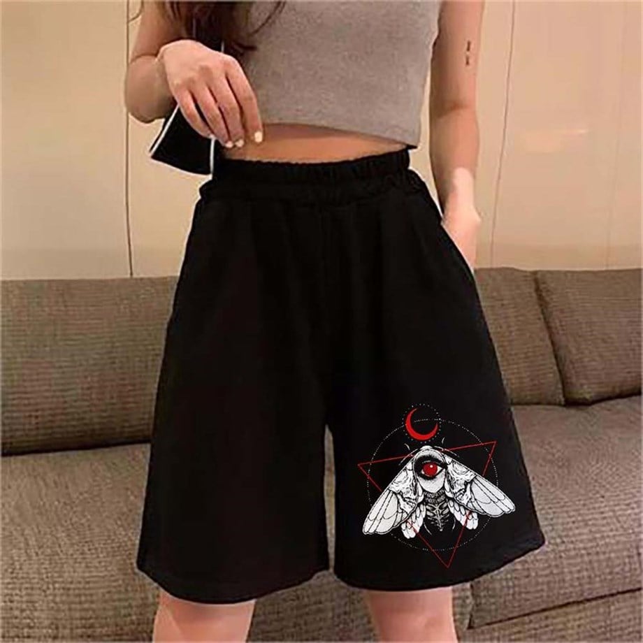 Gotik Occult Moth Siyah Penye Unisex Şort
