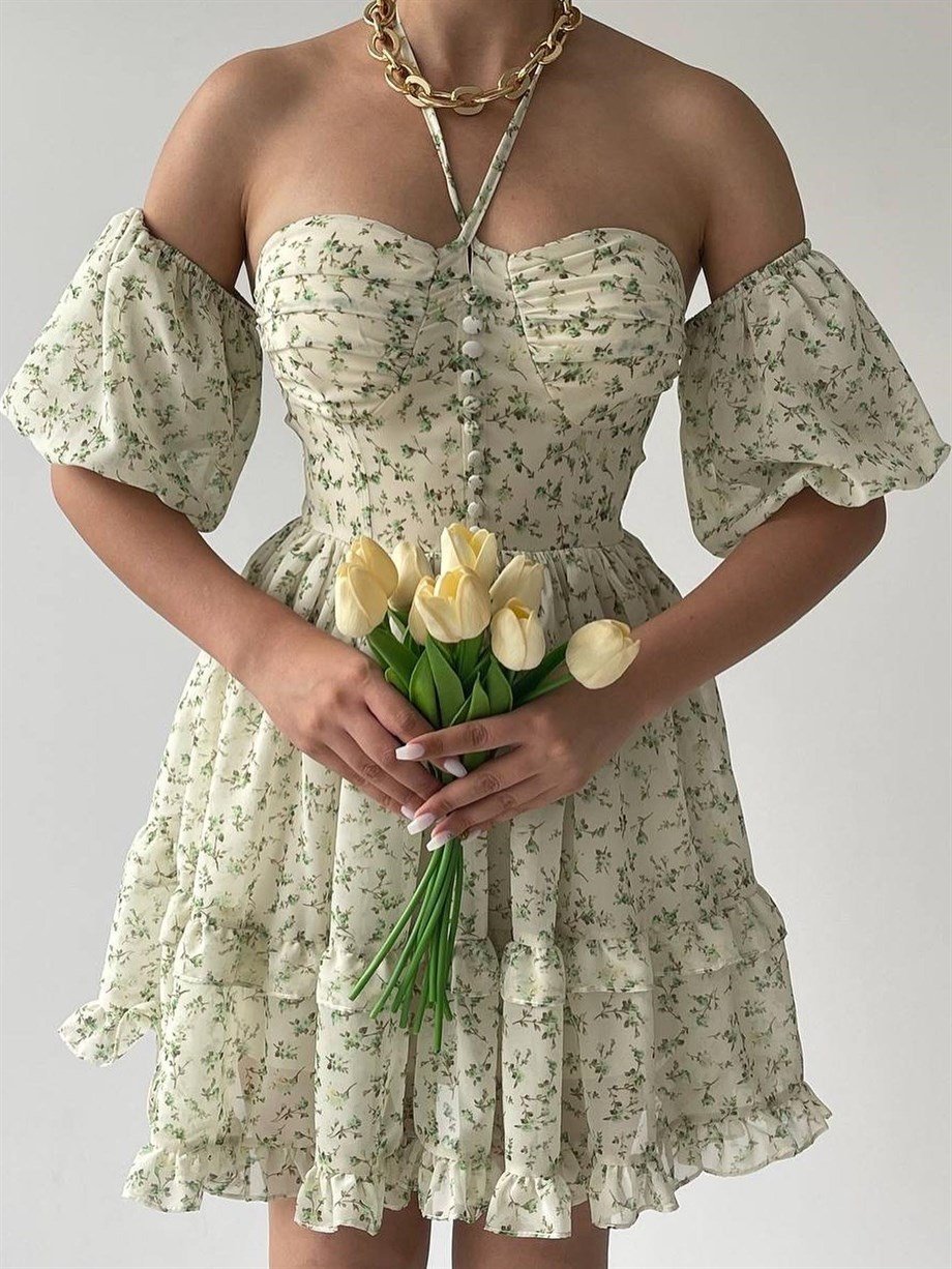 Green Flowers Princess Dress