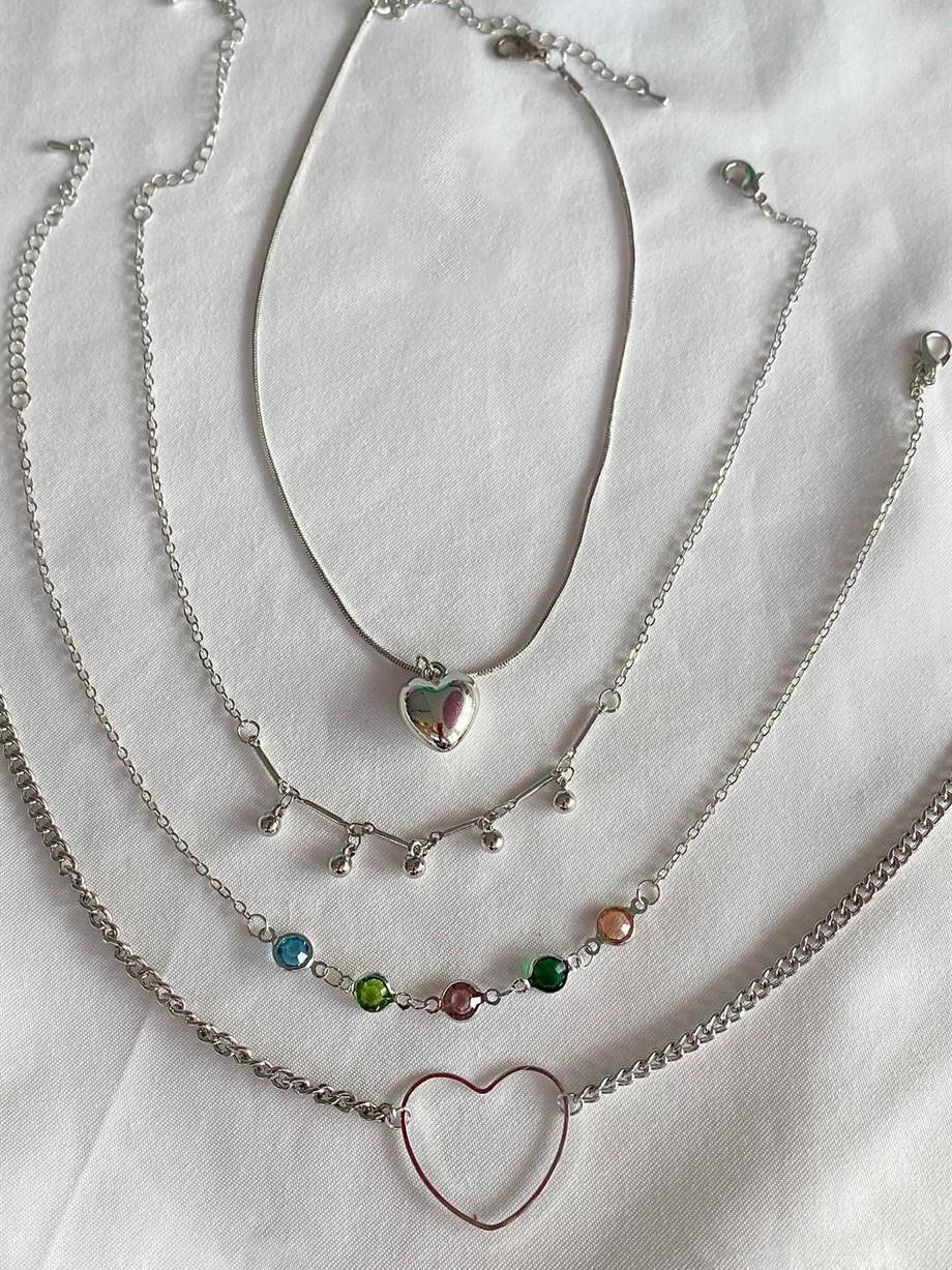 Gümüş 4lü Kalp Detay Choker Set