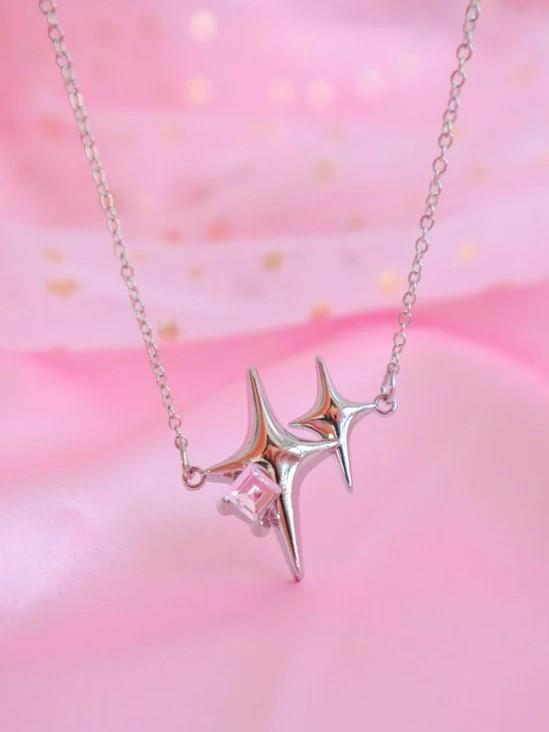 Gümüş Renk Zincirli Pembe Taşlı Kuyruklu Yıldız İthal Kolye