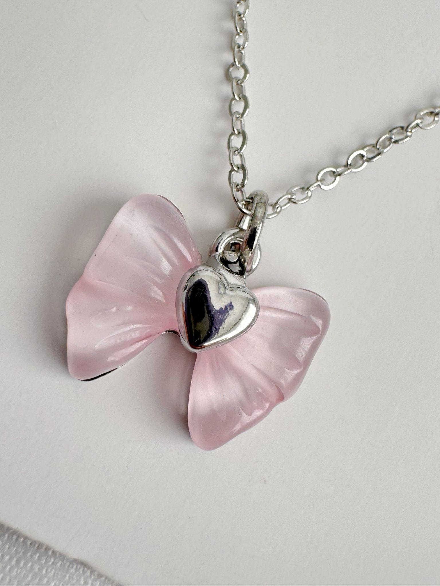 Gümüş Renk Zincirli Pink Bow İthal Kolye