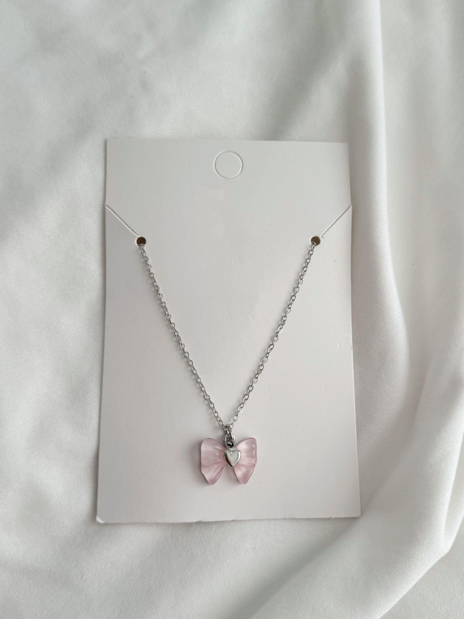 Gümüş Renk Zincirli Pink Bow İthal Kolye