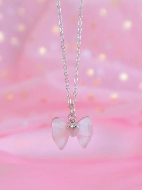 Gümüş Renk Zincirli Pink Bow İthal Kolye