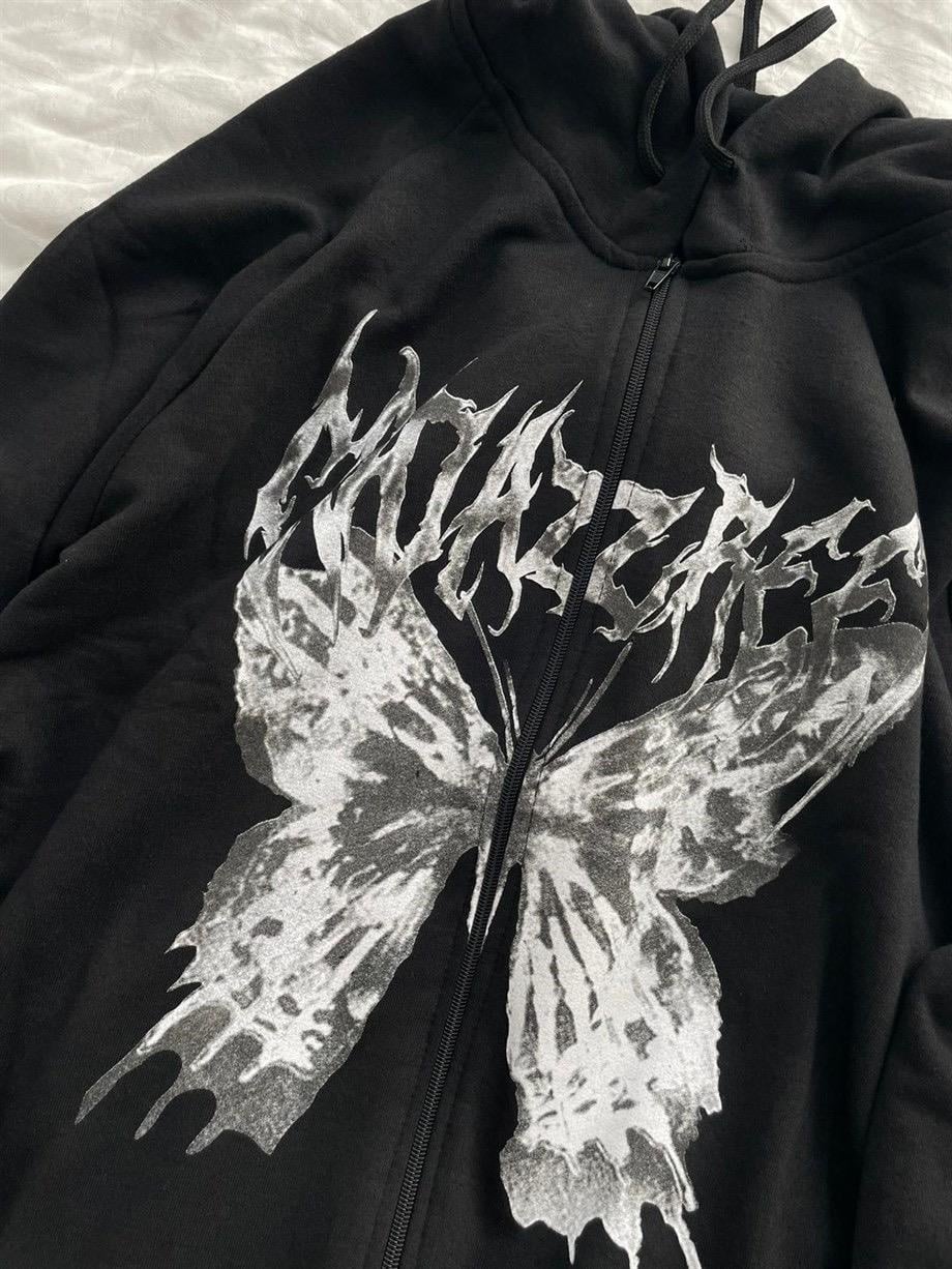 Harajuku Butterfly Siyah (Unisex) Fermuarlı Kapşonlu Hırka