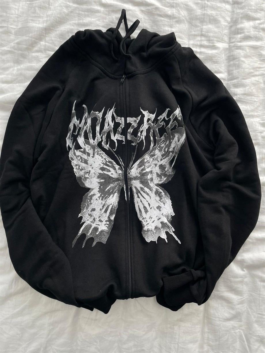 Harajuku Butterfly Siyah (Unisex) Fermuarlı Kapşonlu Hırka