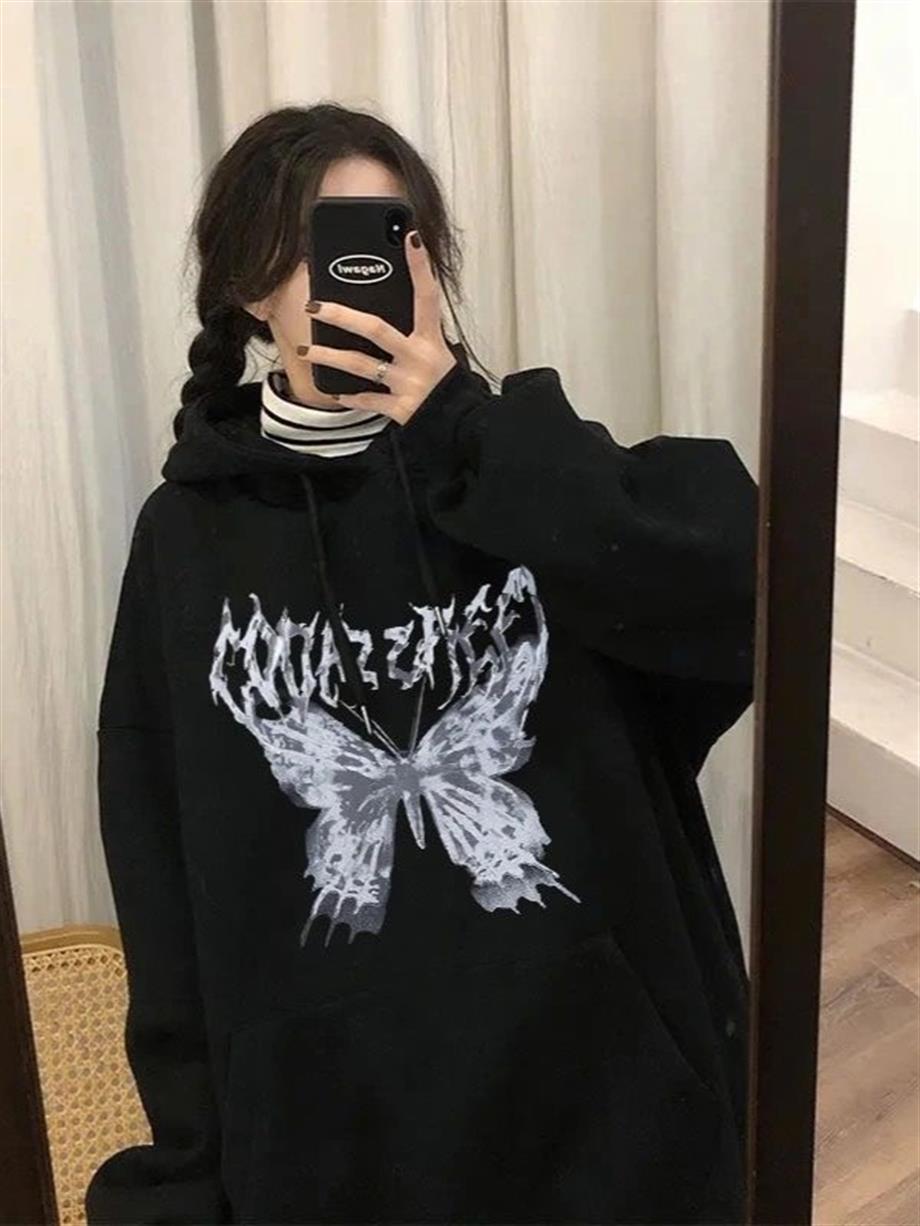 Harajuku Butterfly Siyah (Unisex) Kalın Kumaş Kapşonlu Sweatshirt