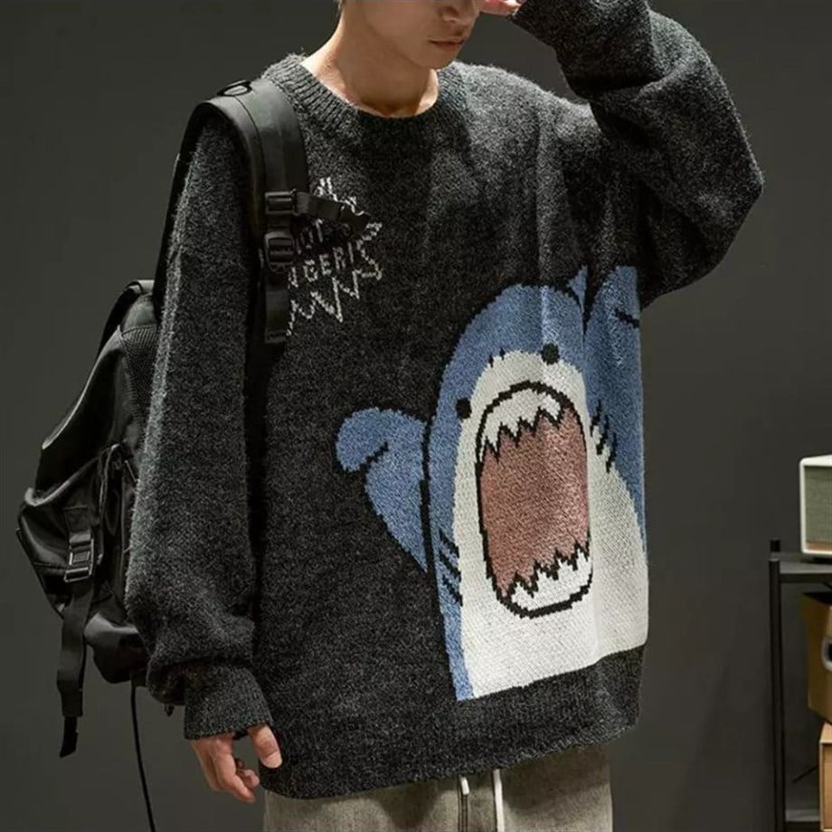 Harajuku Cute Shark I m Not Danger Mavi Oversize Kazak Gri