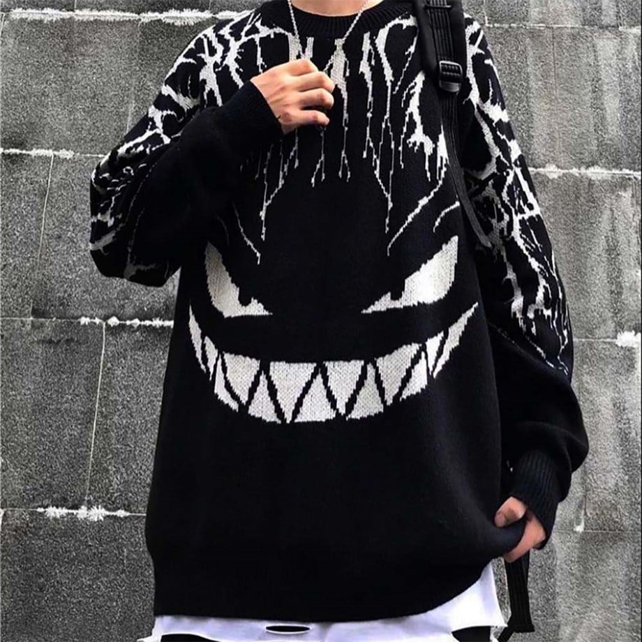 Harajuku Haunted Gengar Siyah Oversize Kazak