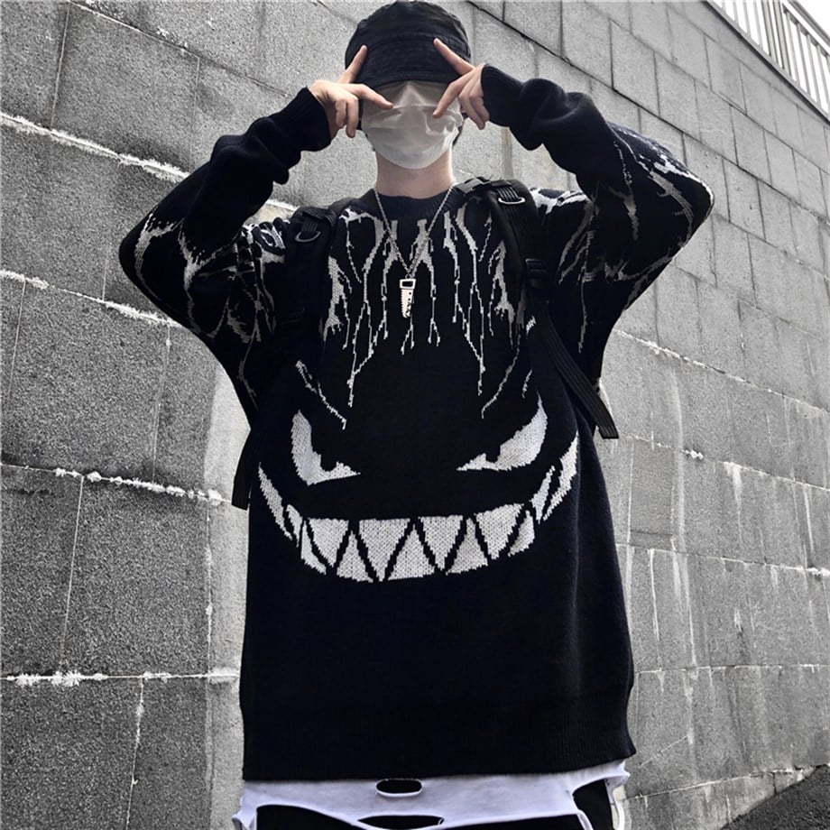 Harajuku Haunted Gengar Siyah Oversize Kazak