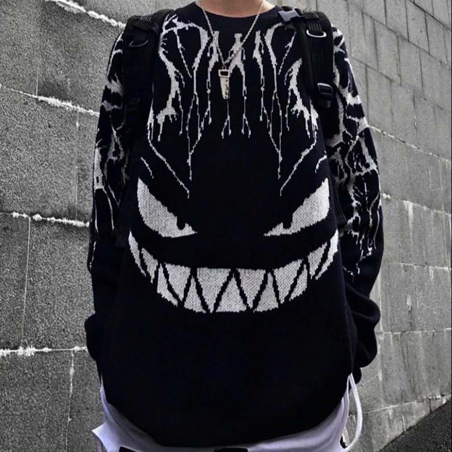 Harajuku Haunted Gengar Siyah Oversize Kazak