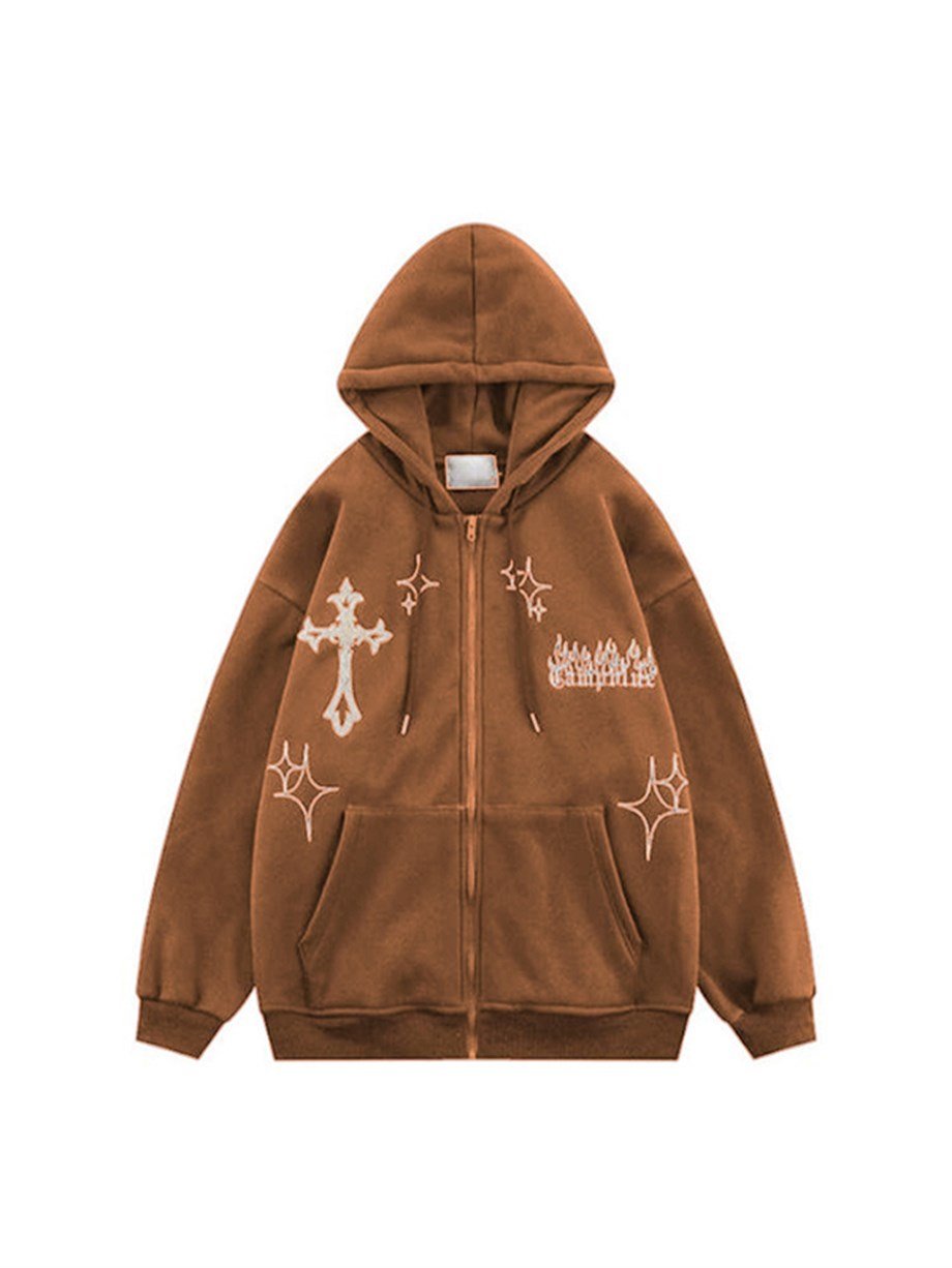 Harajuku Shiny Cross Kahverengi Fermuarlı (Unisex) Kapşonlu
