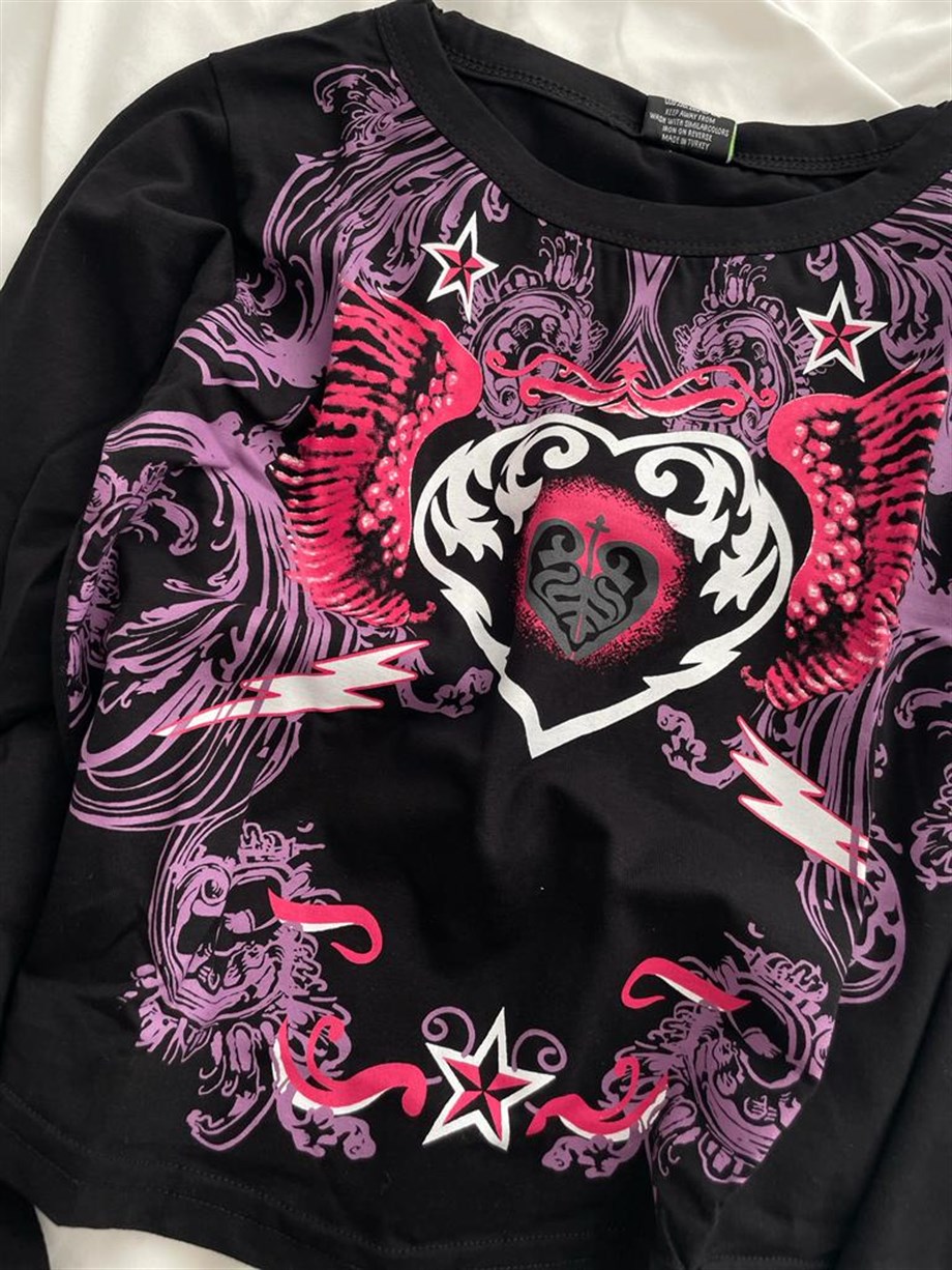 Heart And Star Uzun Kollu Crop Bluz