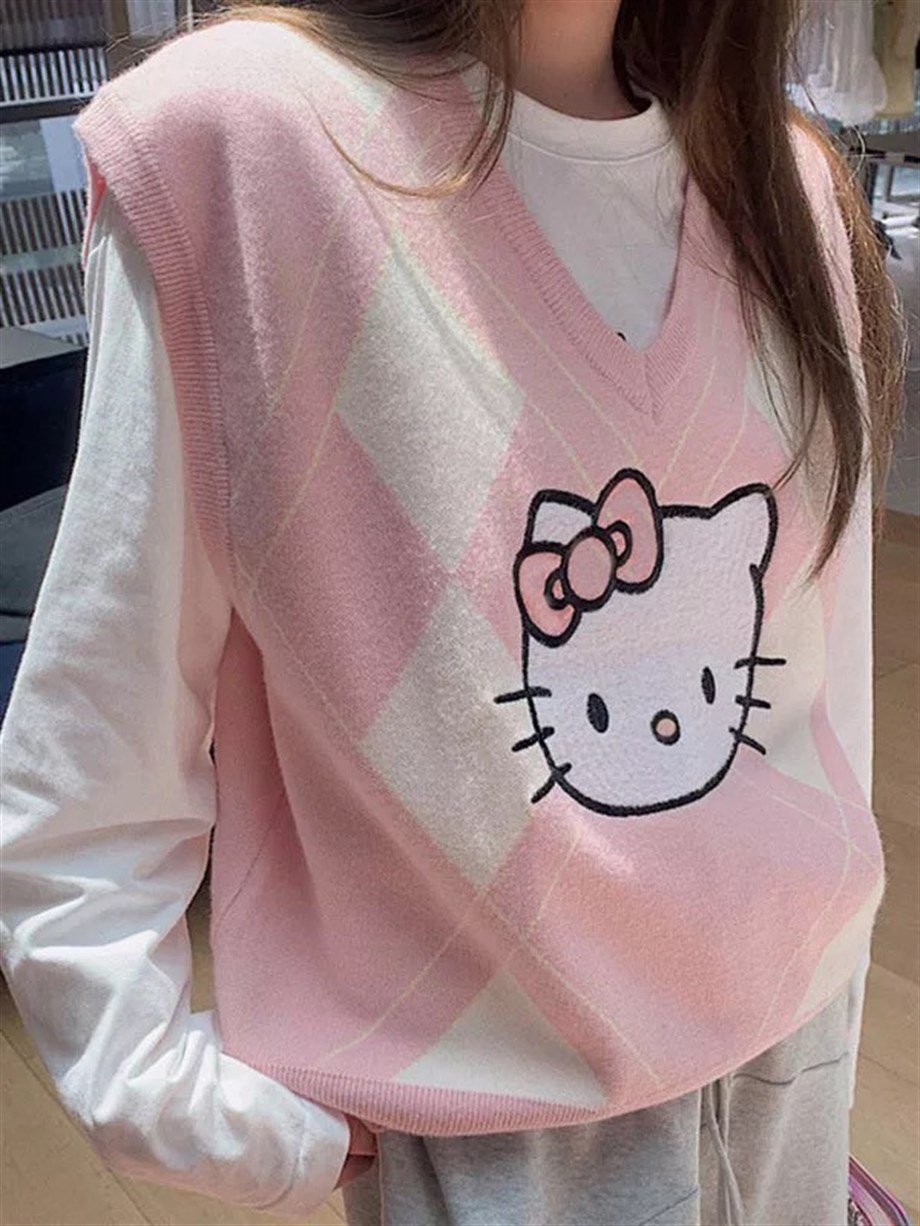 Hello Kitty Baklava Desenli Oversize Süveter