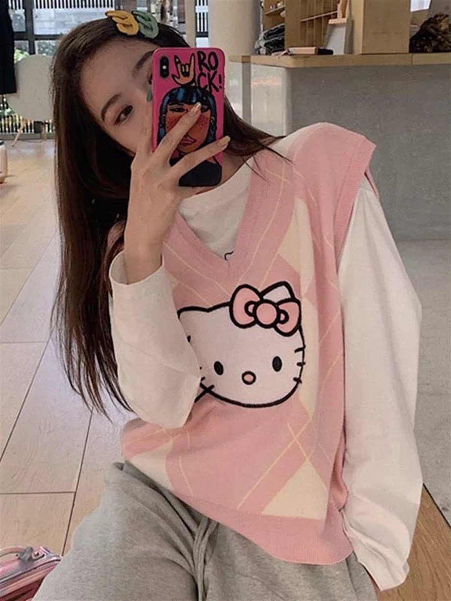 Hello Kitty Baklava Desenli Oversize Süveter
