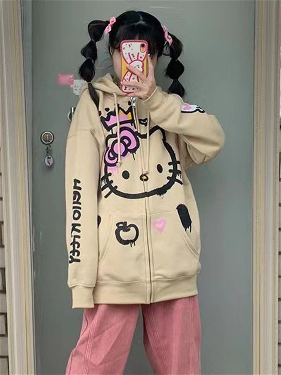 Hello Kitty Graffiti Bej Fermuarlı Unisex Kapşonlu