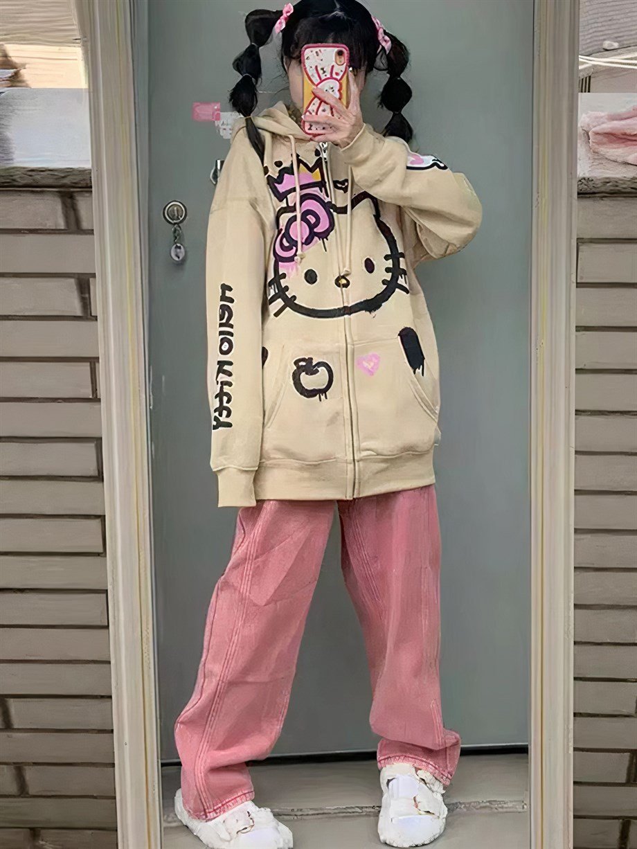 Hello Kitty Graffiti Bej Fermuarlı Unisex Kapşonlu