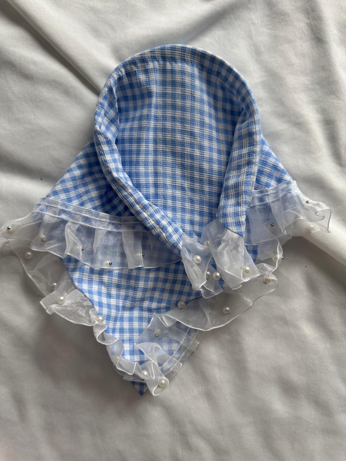 İnci Detaylı Bandana Taç Mavi Pötikare