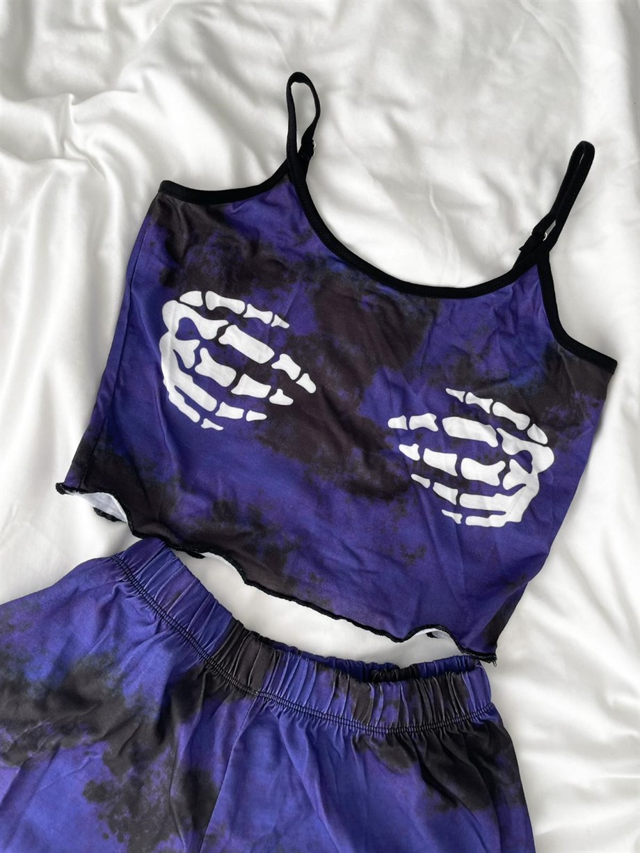 İskelet El Mor Askılı Pijama Takım