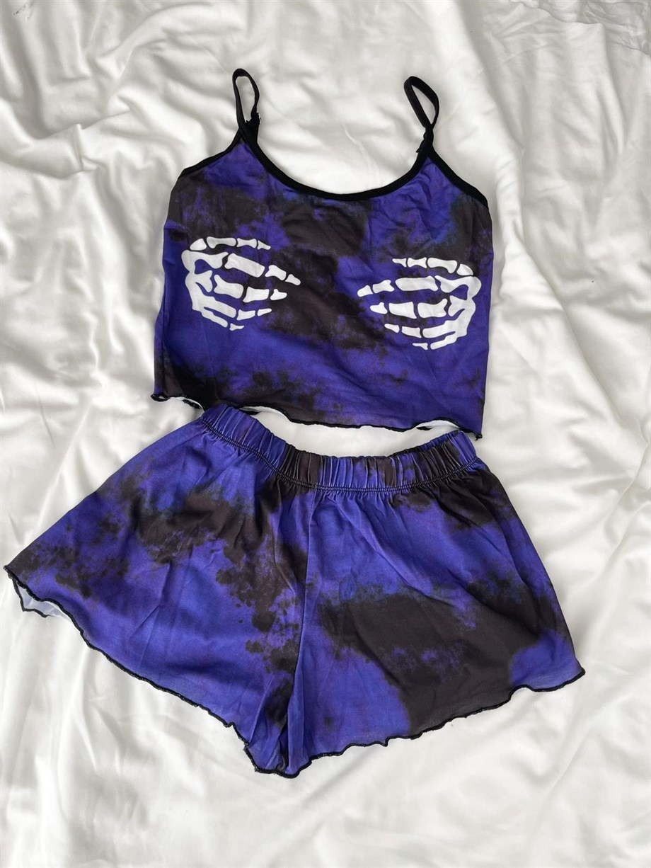 İskelet El Mor Askılı Pijama Takım