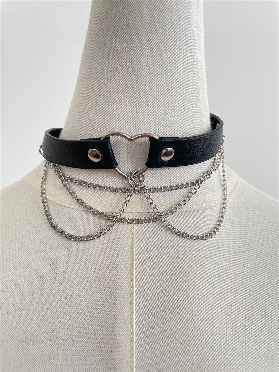 Kalp Halkalı Zincirli Choker Kolye