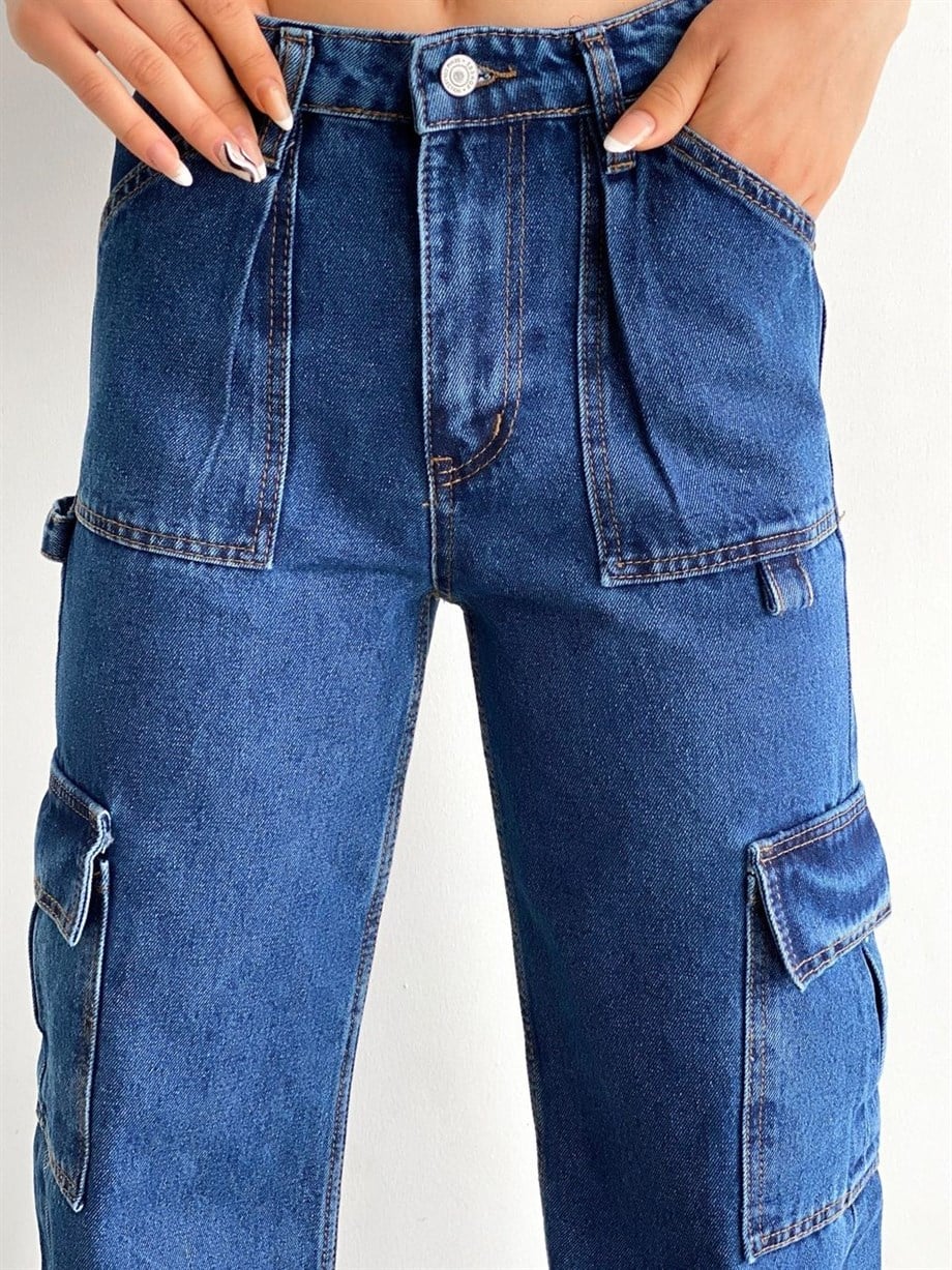 Kargo Cepli Mavi Wide Jeans Pantolon
