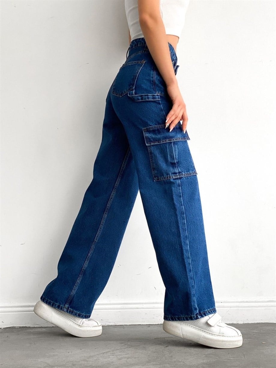 Kargo Cepli Mavi Wide Jeans Pantolon