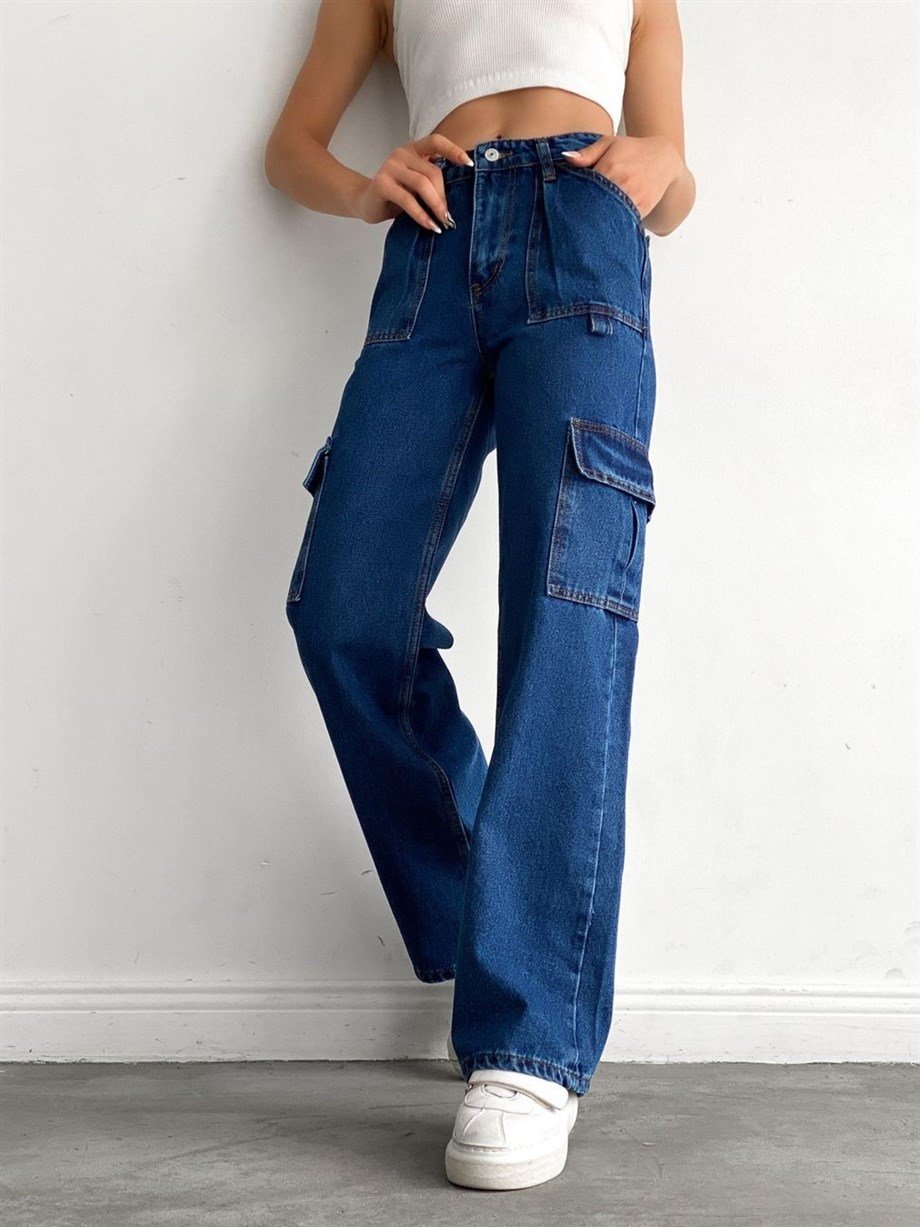 Kargo Cepli Mavi Wide Jeans Pantolon