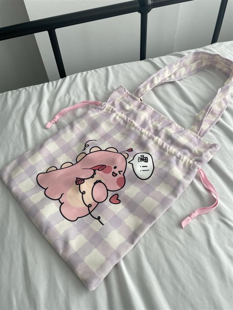 Kawaii Pink Dino Büzgülü Bez Çanta