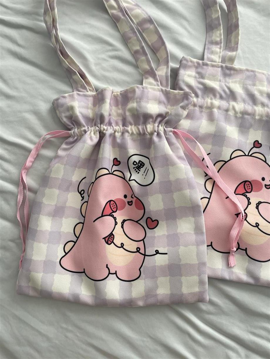 Kawaii Pink Dino Büzgülü Bez Çanta