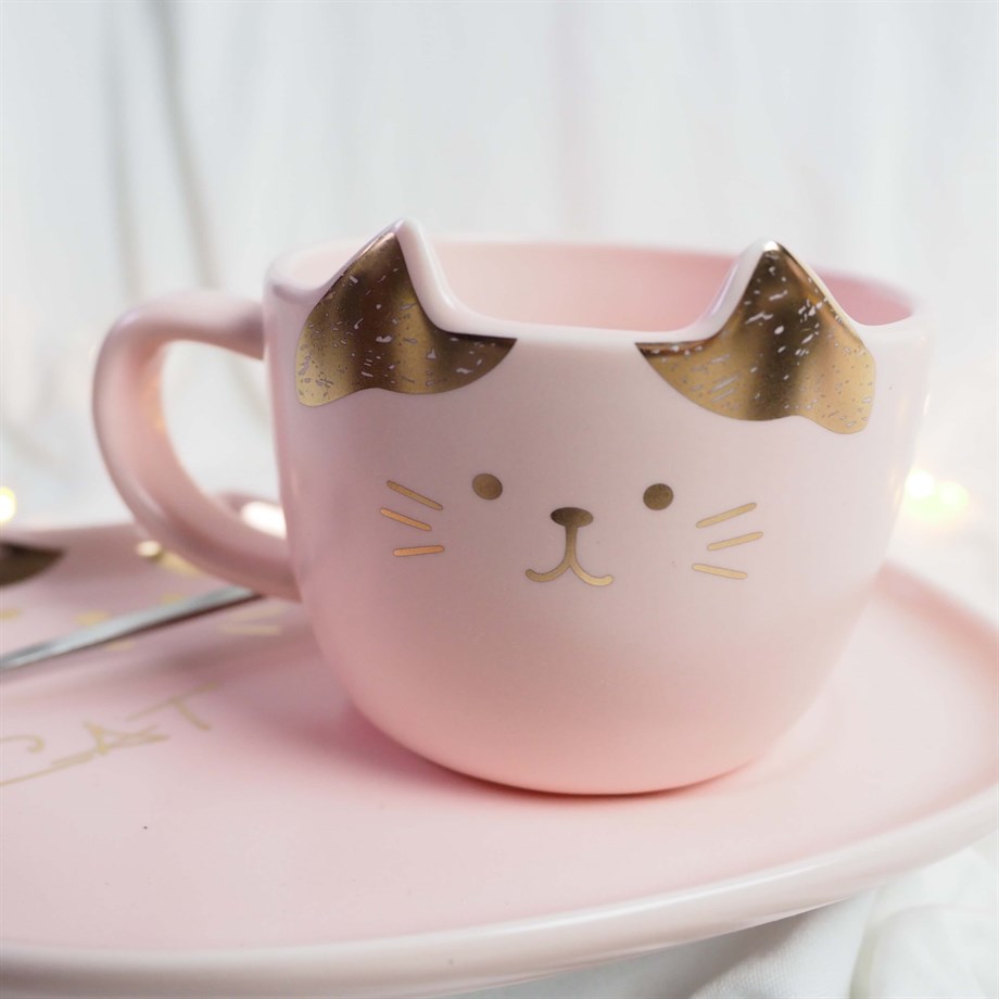 Kedi Kupa ve Tabak Seti Pembe