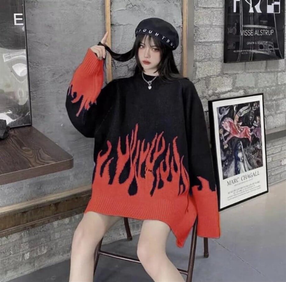 Kırmızı Flame Oversize Kazak