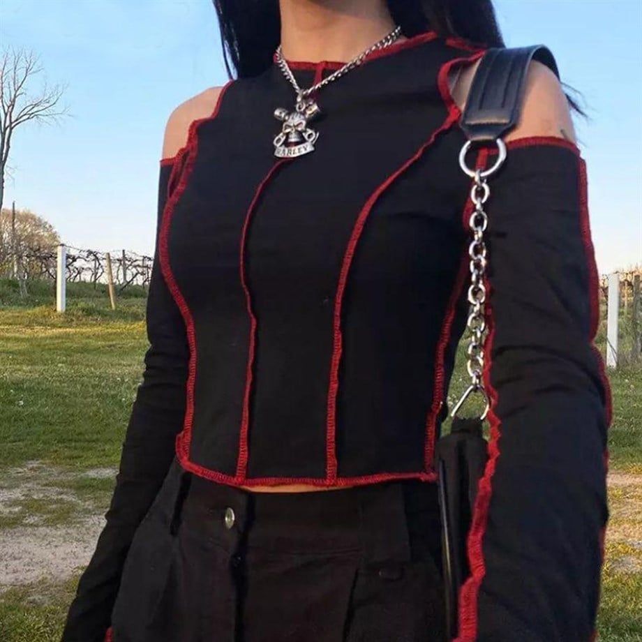 Kırmızı Ters Dikiş Kolluklu Crop