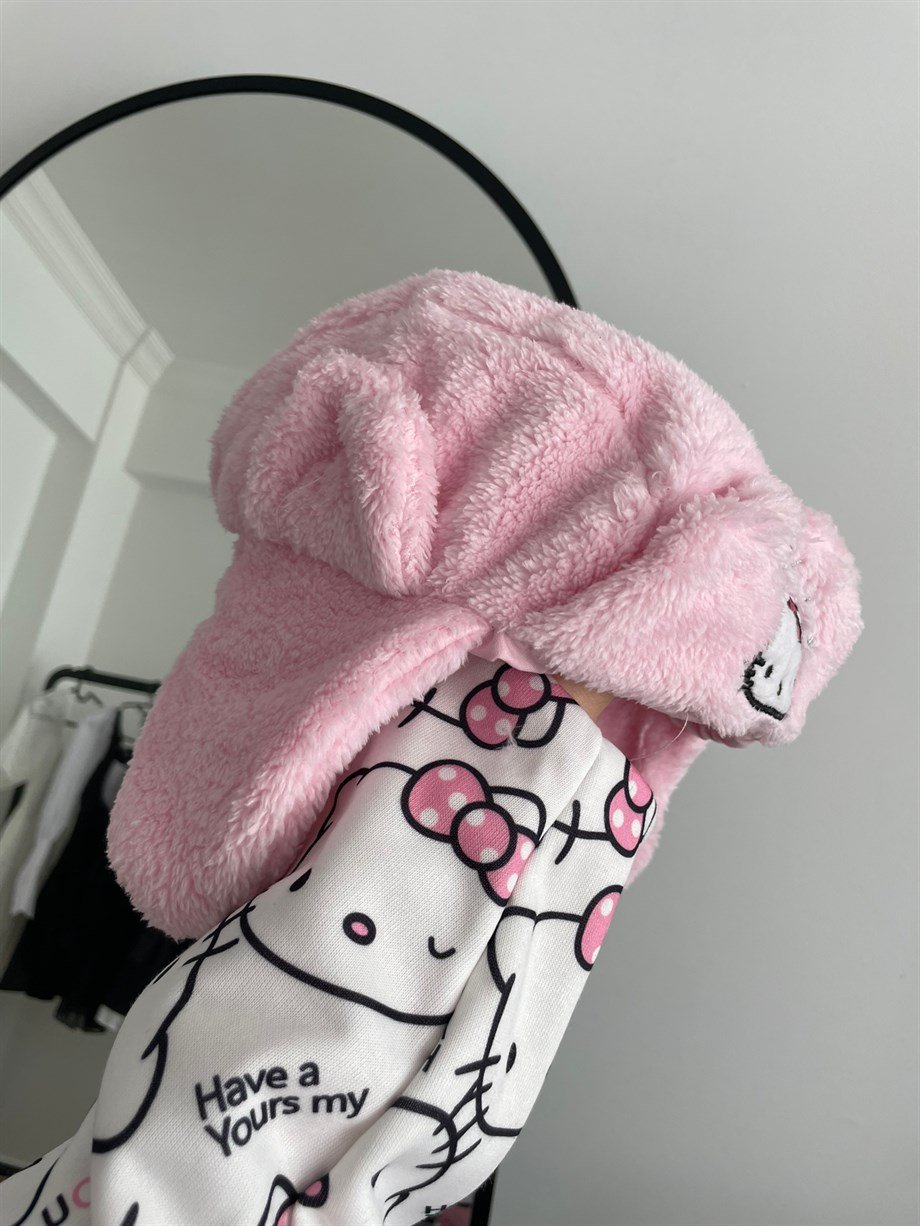 Kitty Pembe Peluş Bomber Şapka