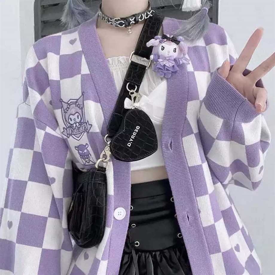 Kuromi Lila Damalı Hırka